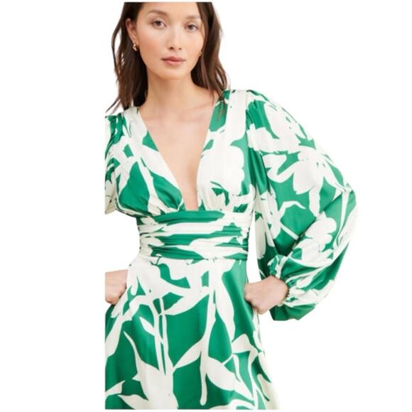 Hutch Long Sleeve Mini Dress Green and White Satin Size 6 - Picture 5 of 9